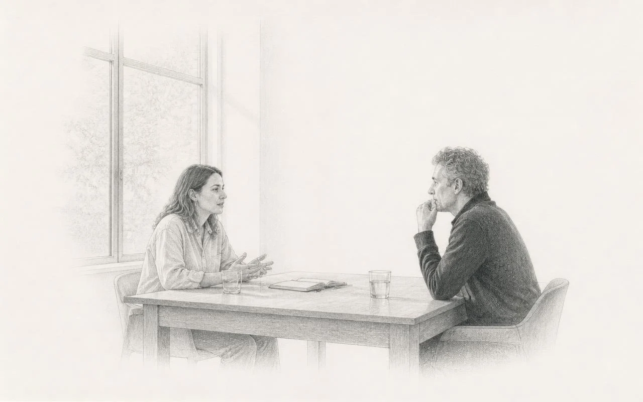 Grafiettekening van twee mensen aan een keukentafel na een lang gesprek