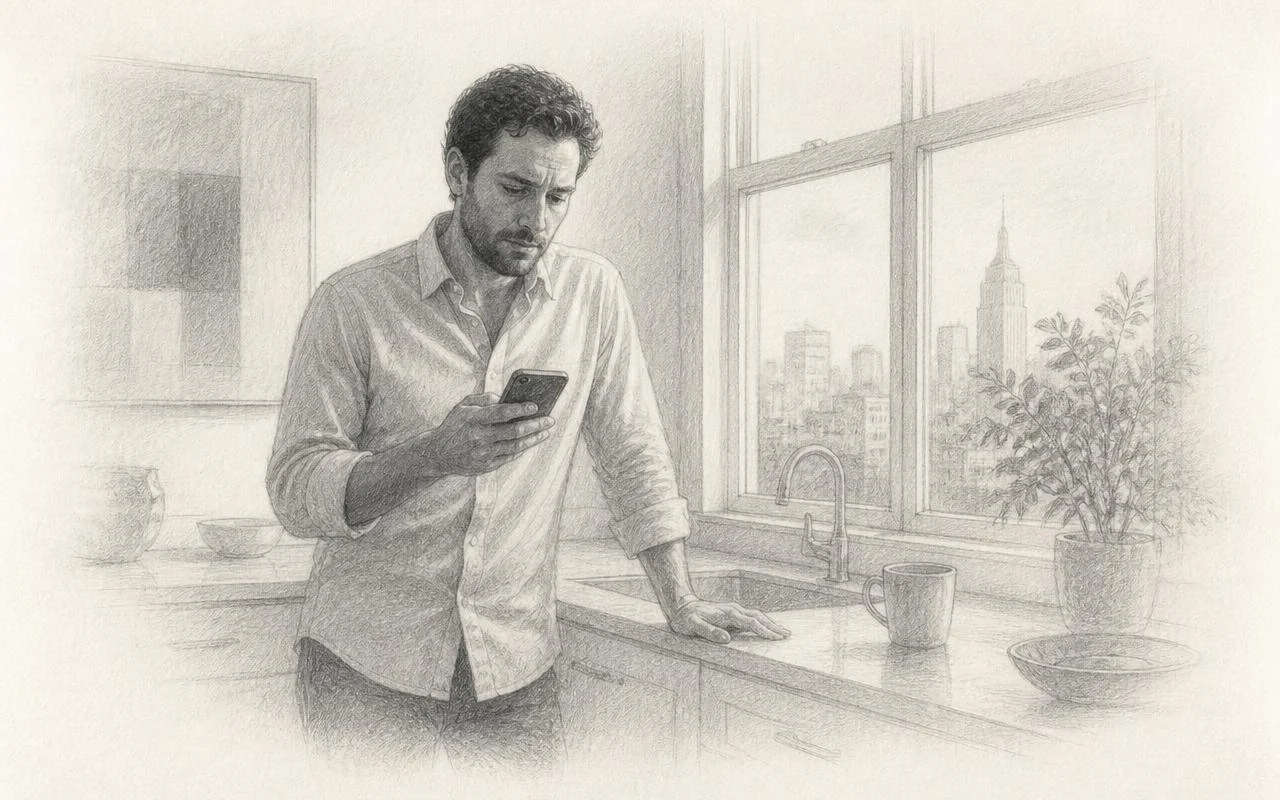 Grafiettekening van een man bij een keukenblad die aarzelt met zijn telefoon in de hand, ochtendlicht door een groot raam