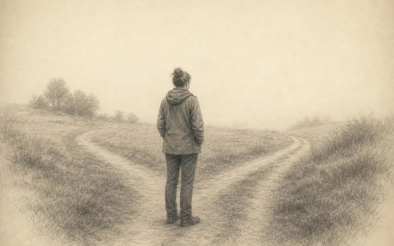 Grafiettekening van een persoon die stilstaat bij een splitsing in een landweg, zacht daglicht, warm papier