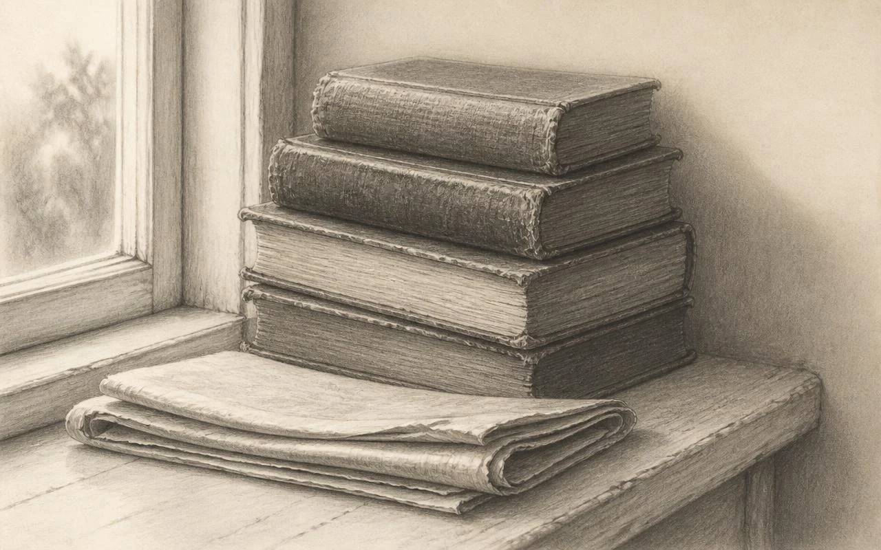 Grafiettekening van een stapel oude boeken en een opgevouwen krant op een vensterbank in zacht daglicht
