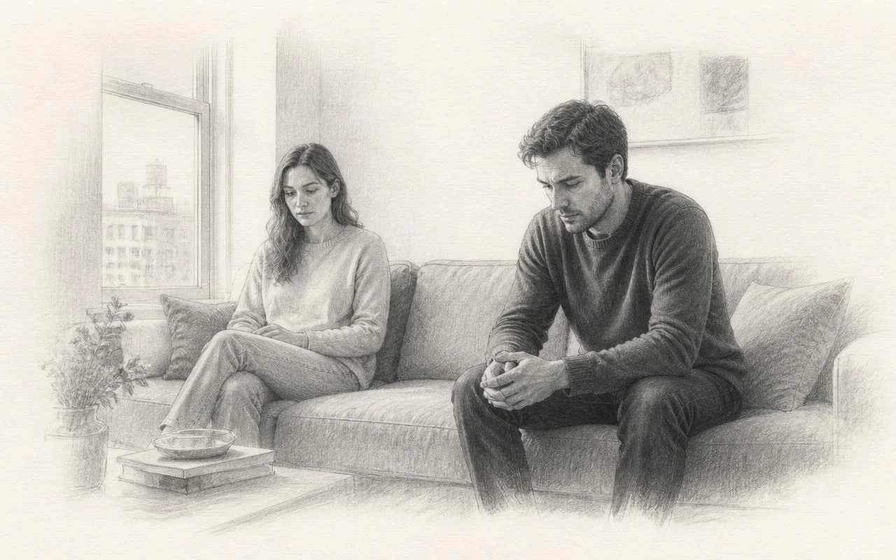 Grafiettekening van twee mensen op een bank in een lichte woonkamer, zwijgend naast elkaar bij een groot raam