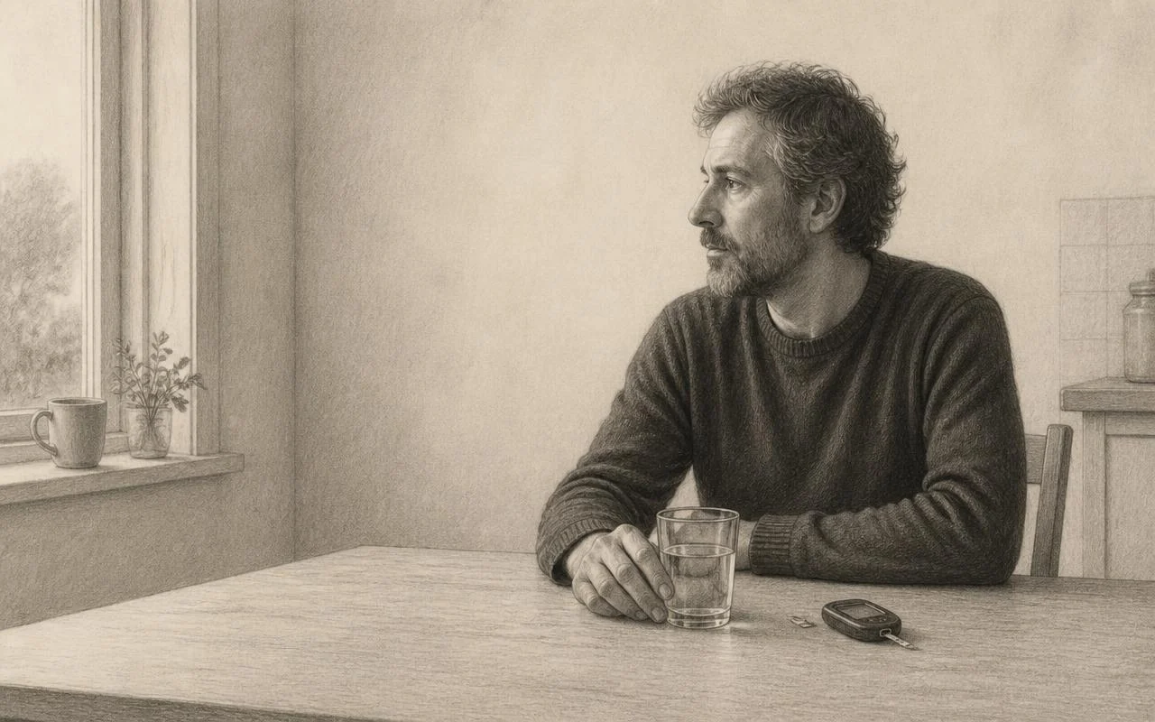 Grafiettekening van een man aan een keukentafel in ochtendlicht, een glas water bij zijn hand, blik naar het raam