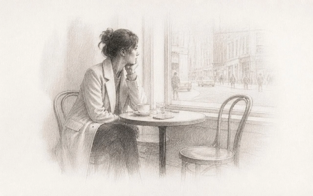 Grafiettekening van een vrouw in een moderne jas alleen aan een cafétafel bij het raam, met een lege stoel naast haar