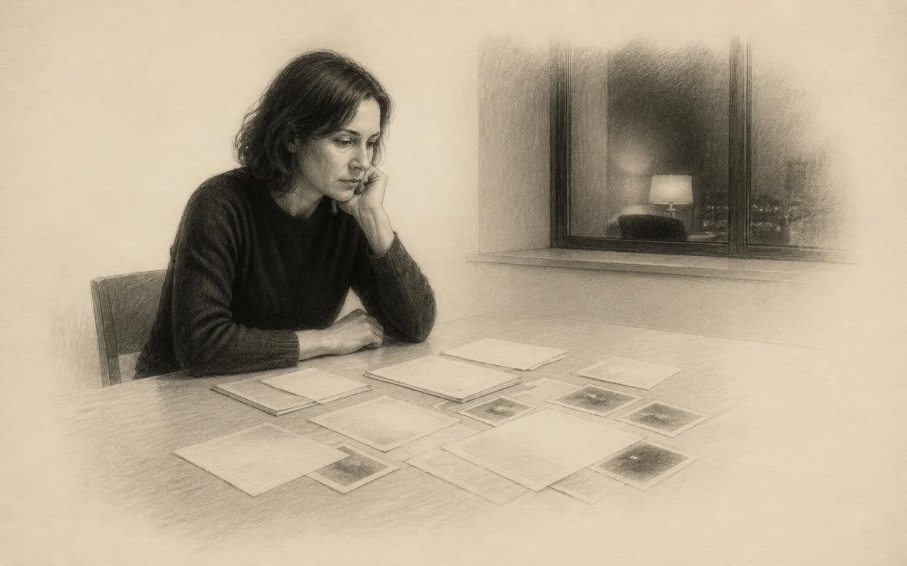 Grafiettekening van een persoon aan een moderne tafel met verspreide documenten en open ruimtes tussen de informatie.