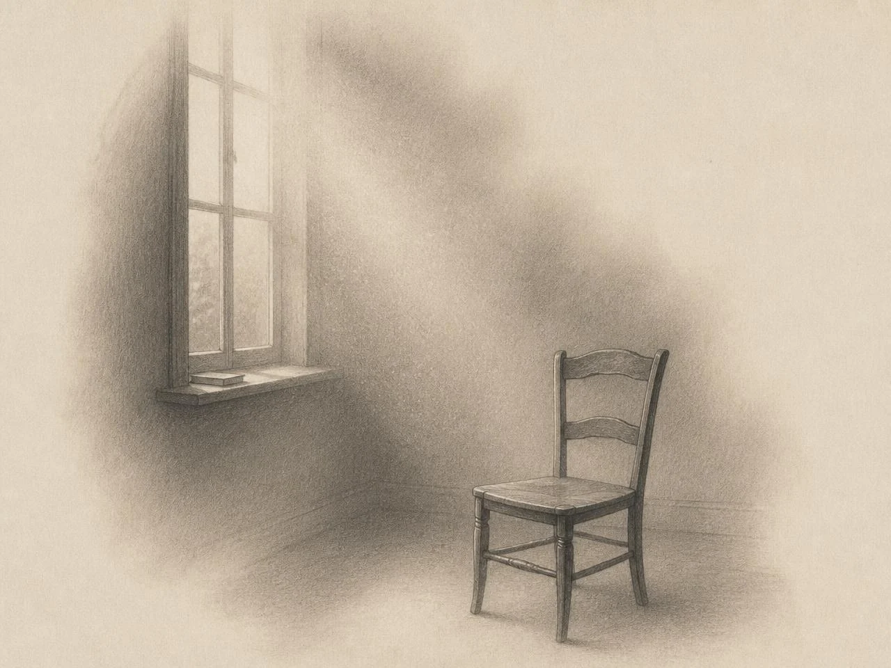 Grafiettekening van stofdeeltjes in een baan daglicht bij een hoog raam, met een lege stoel in een stille kamer