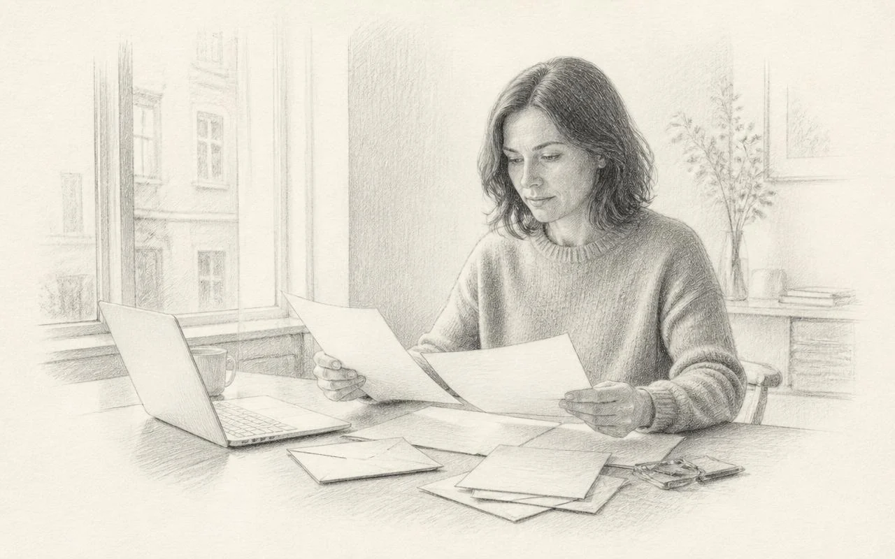 Grafiettekening van een vrouw aan een lichte werktafel die brieven en papieren eindelijk uitspreidt naast een laptop