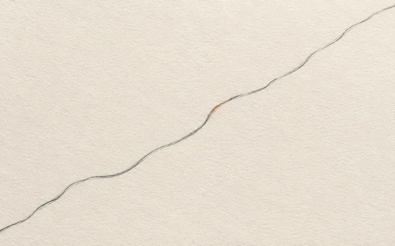 Ingetogen grafiettekening van één doorlopende potloodlijn die op warm papier subtiel van richting verandert