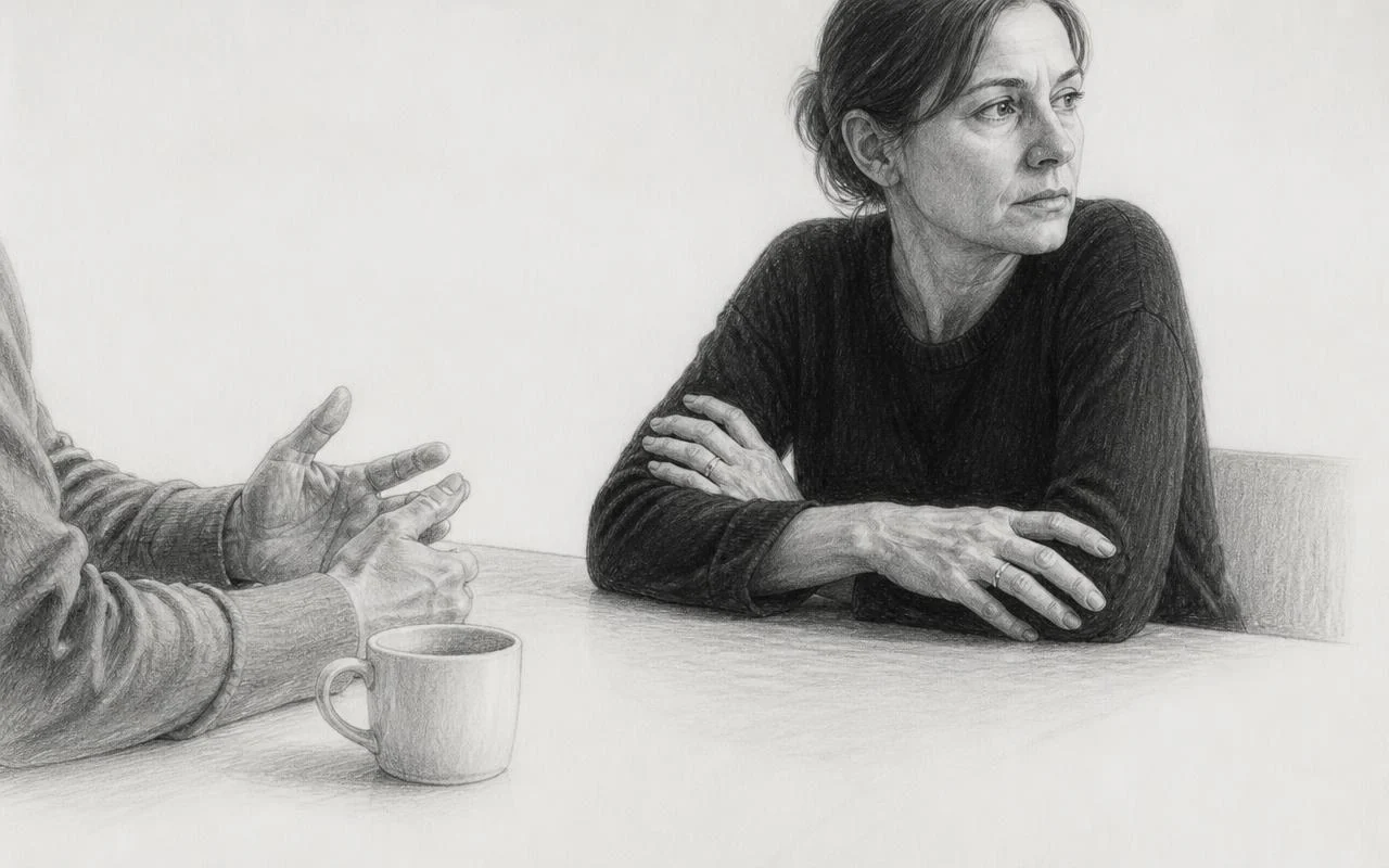 Grafiettekening van twee mensen in gesprek aan een keukentafel