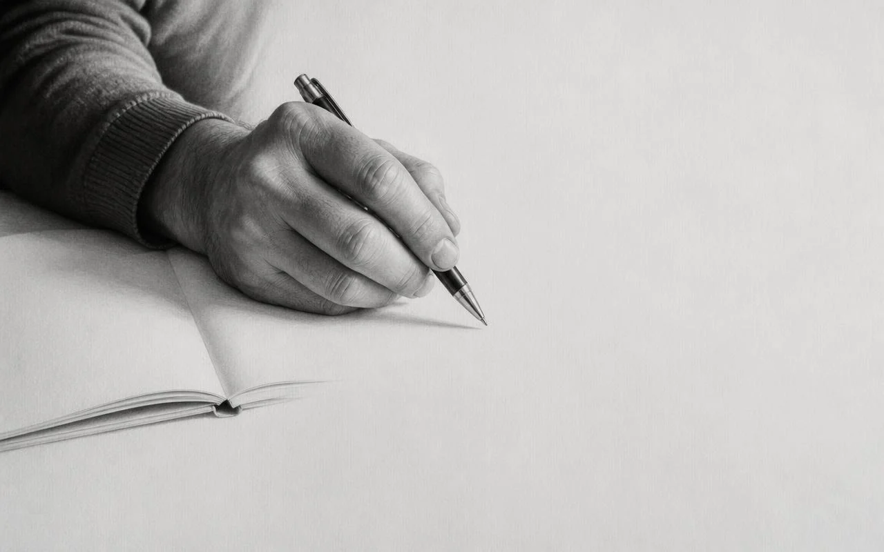 Grafiettekening van een man die begint te schrijven in een notitieboek