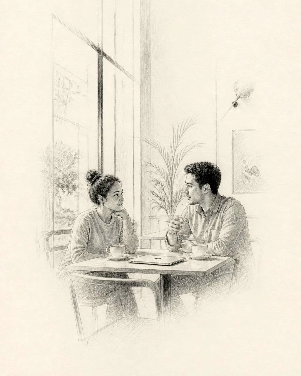 Een stel van midden veertig praat aan een restauranttafel na het eten