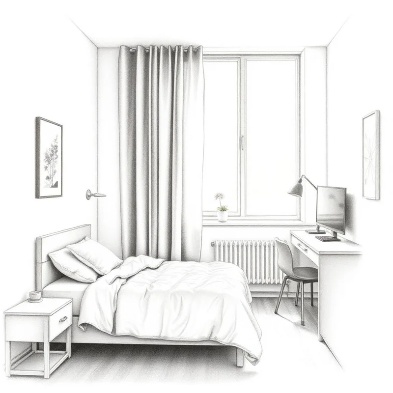 Grafiettekening van een opgeruimde tienerkamer met een onbeslapen bed