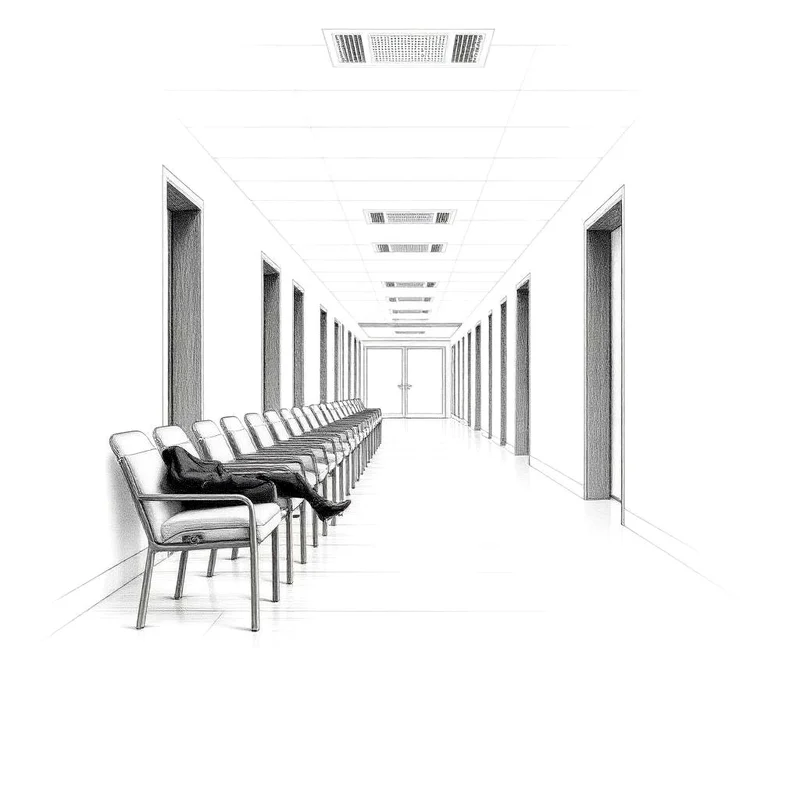 Grafiettekening van een lege rij stoelen in een ziekenhuisgang