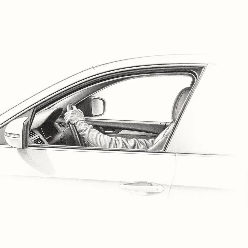 Grafiettekening van een man die stil achter het stuur zit op de oprit