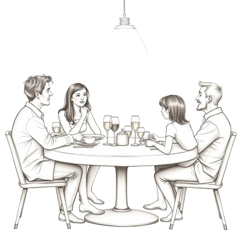 Grafiettekening van een gezin rond een eettafel in de avond, midden in een gesprek