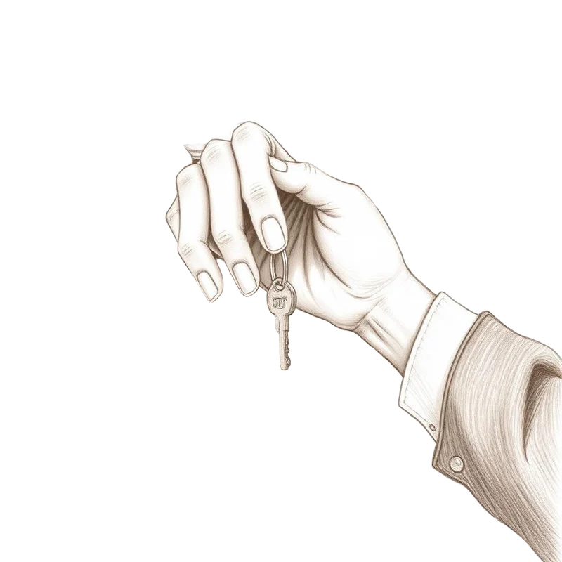 Grafiettekening van een hand die een enkele nieuwe huissleutel vasthoudt