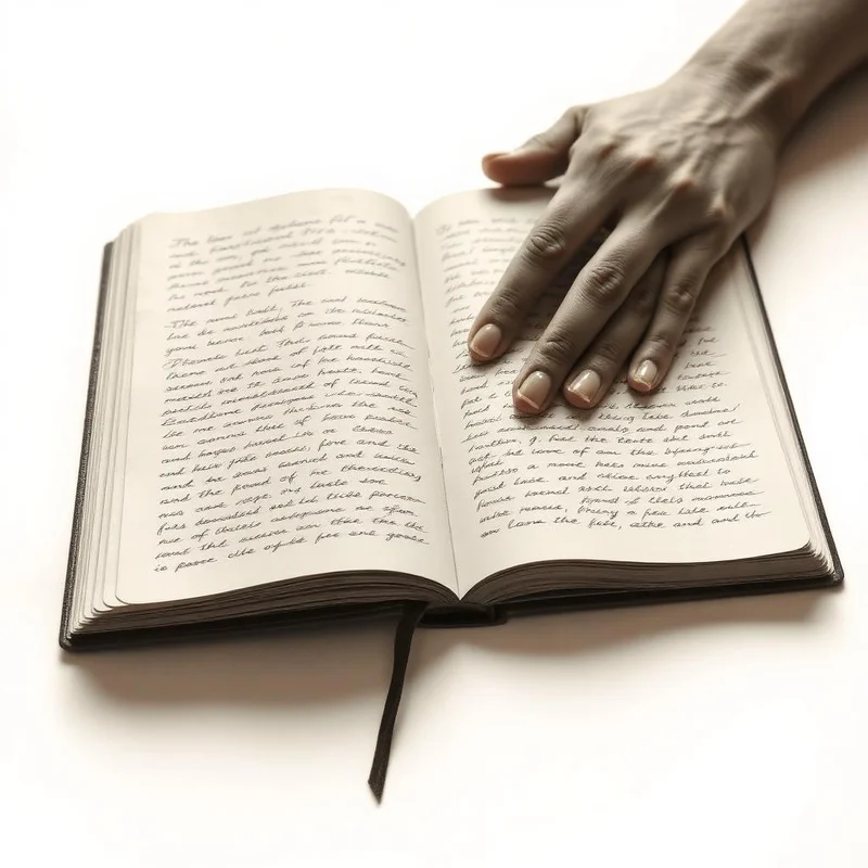 Grafiettekening van een opengeslagen schrift vol handschrift
