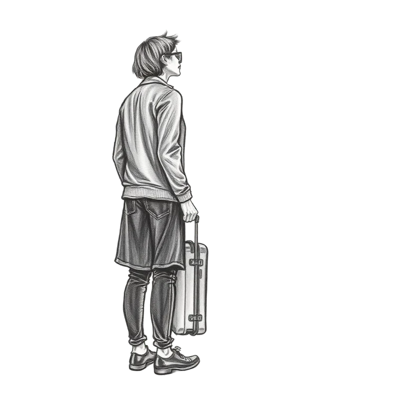 Grafiettekening van iemand met een koffer die in een onbekende stad omhoogkijkt