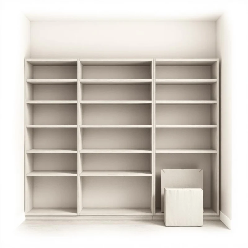 Grafiettekening van lege boekenplanken in een leeggehaalde kamer