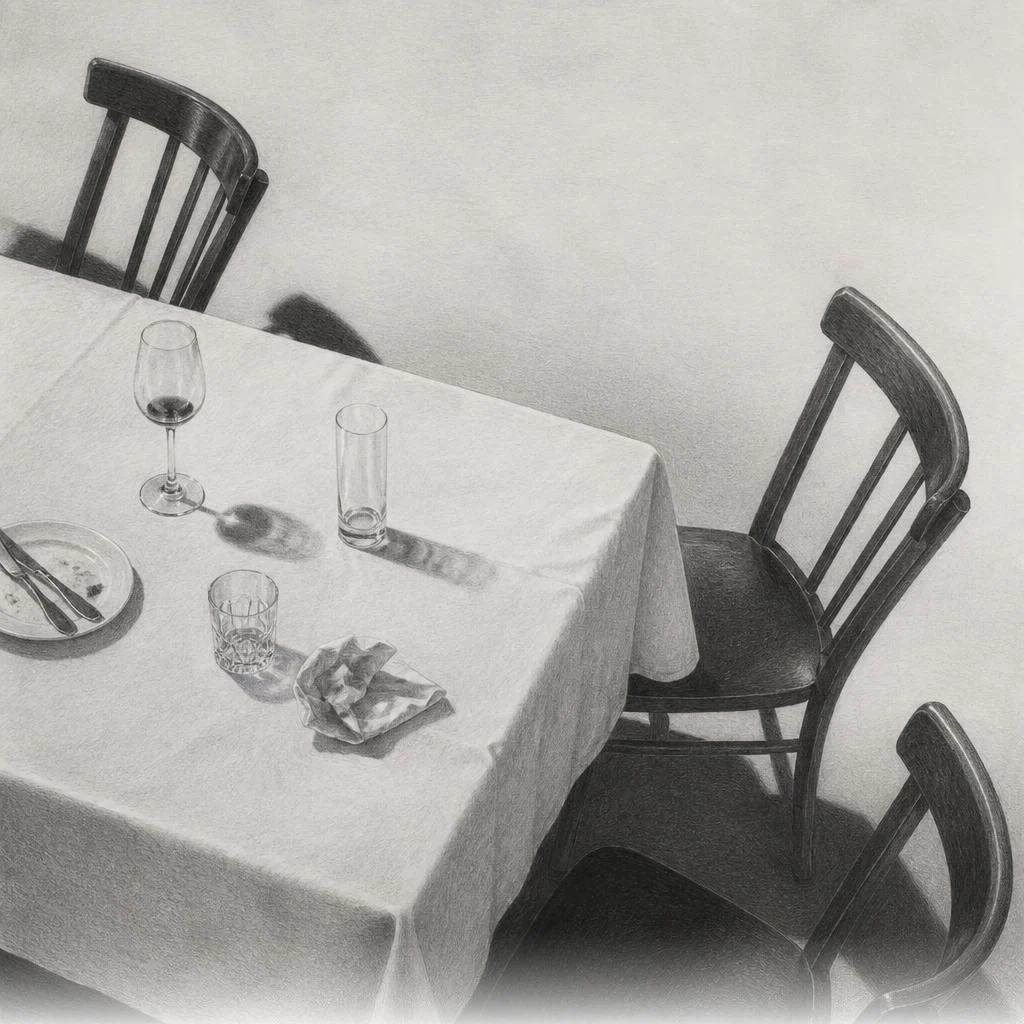 Grafiettekening van iemand alleen aan tafel nadat iedereen weg is