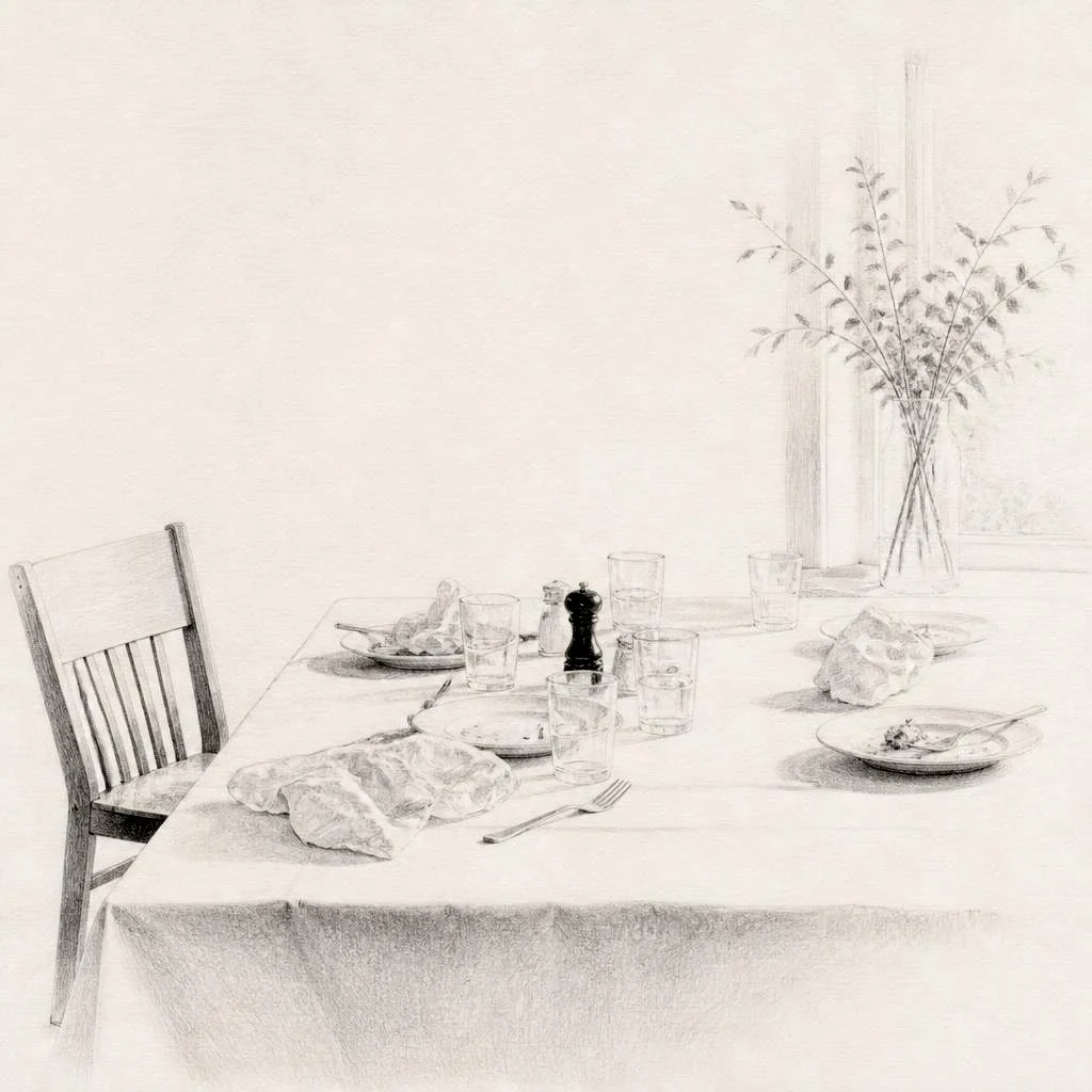 Grafiettekening van een stel dat zwijgend blijft zitten na het eten