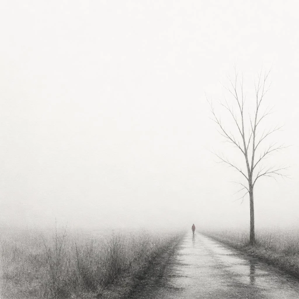 Grafiettekening van iemand die wegloopt over een bospad in de mist