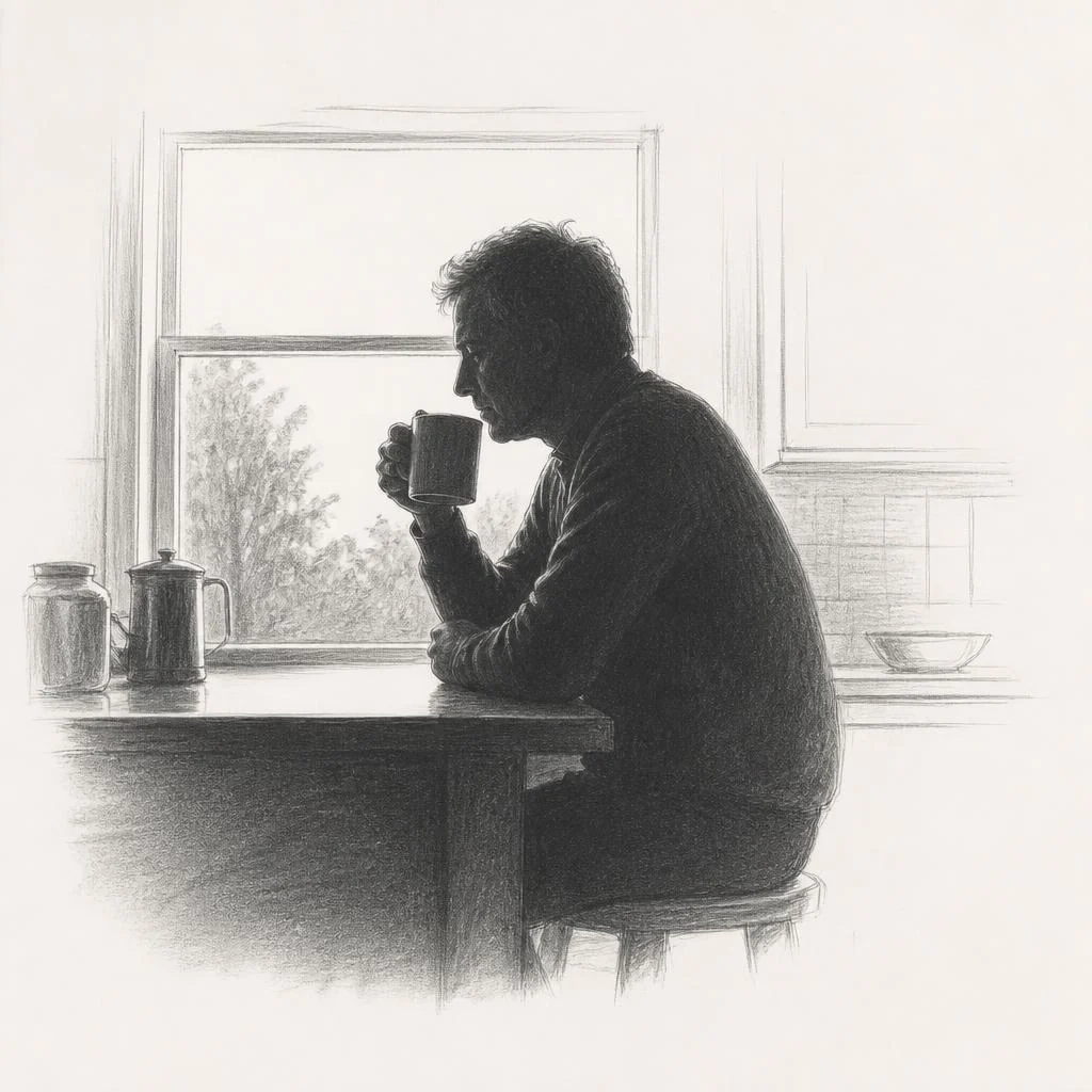 Grafiettekening van een man die alleen aan de keukentafel zit in het ochtendlicht