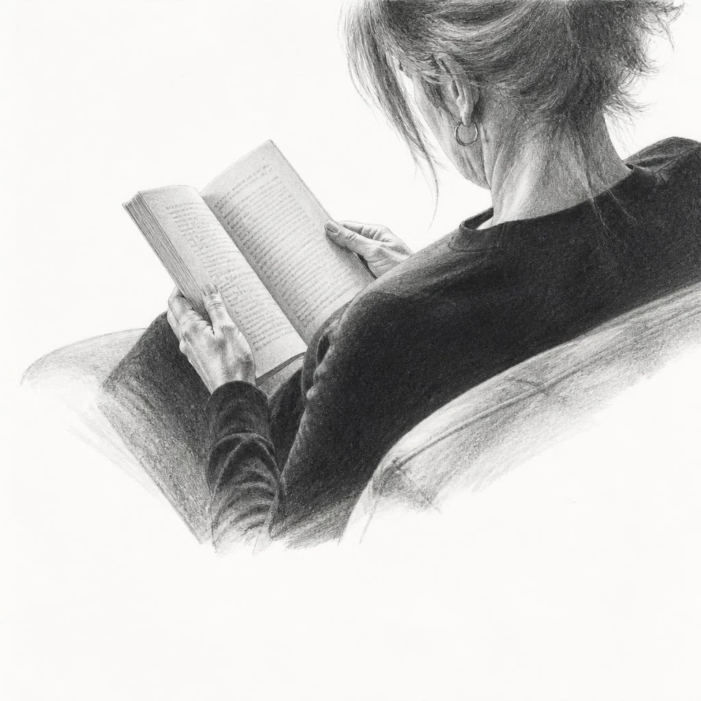 Grafiettekening van een vrouw die leest in een stoel bij het raam